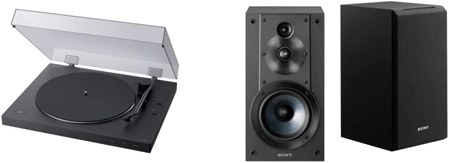 Sony PS-LX310BT Belt Drive Turntable: Fully Automatic Wireless Vinyl Record Player with Bluetooth and USB Output Black & SSCS5 3-Way 3-Driver Bookshelf Speaker System (Pair) - Black