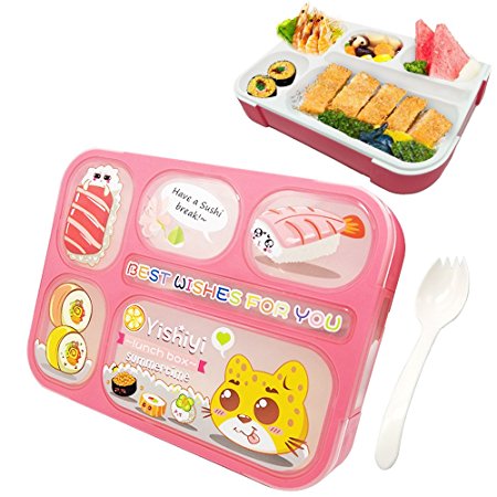 Bento Box for Kids, FIOLOM 5 Compartment Leakproof Meal Prep Container Portion Control Lunch Container with Spoon Dishwasher Safe Reusable Bento Boxes for Kids, Boys, Girls, School (Pink)