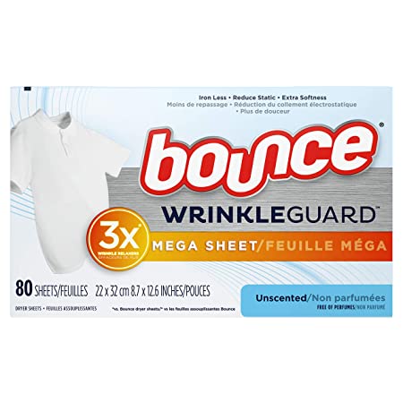 Bounce Bounce WrinkleGuard Mega Dryer Sheets, Fabric Softener and Wrinkle Releaser Sheets, Unscented, 80 Count, 80 Count