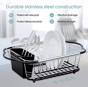 BonusAll Chrome-plated Steel Dish Drainer Expandable Dish Drying Rack Over Sink, Silverware Rustproof