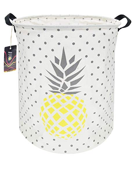 HKEC 19.7’’ Waterproof Foldable Storage Bin, Dirty Clothes Laundry Basket, Canvas Organizer Basket for Laundry Hamper, Toy Bins, Gift Baskets, Bedroom, Clothes, Baby Hamper(Yellow and Gray Pineapple)