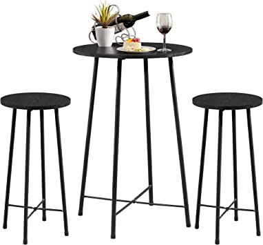 VECELO Small Bar Table and Chairs, Round Bistro Sets with 2 barstools, 3-Piece Pub Dining Furniture, Counter Height Wood Top for Breakfast Dinner Coffee Nap Conference, Easy Assembly, Black