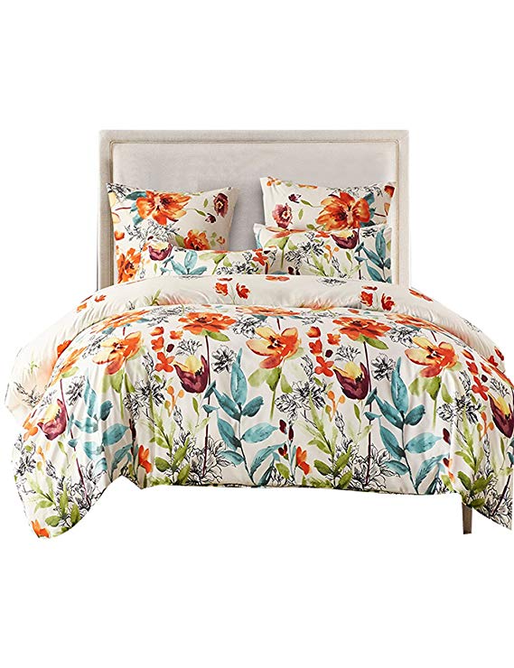 FORCHEER Queen Duvet Cover Set Printed Floral Microfiber Zipper Closure Comforter Cover Set with 2 Pieces Pillowcase Cover (Queen, 78390)
