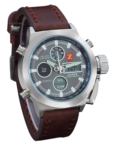 Zeiger Men's Unusual Vietnam Military Sport Wrist Watch, Forces Marine Corps Swiss Army, Big face for Boyfriend Dual Time Leather Band