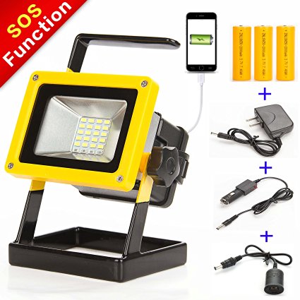 Sunzone 1600Lumens 10W 24LED Portable Outdoor LED Floodlight For Fishing Camping Car Repairing Work Lights Built-in Rechargeable Lithium Batteries with Car Charger and Special SOS Mode