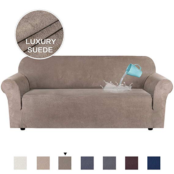 H.VERSAILTEX Luxurious Sofa Slipcover Soft High Stretch Suede Water Repellent Couch Covers Velvet Plush Furniture Protector Machine Washable Sofa Covers,4 Seat Sofa Size, Taupe