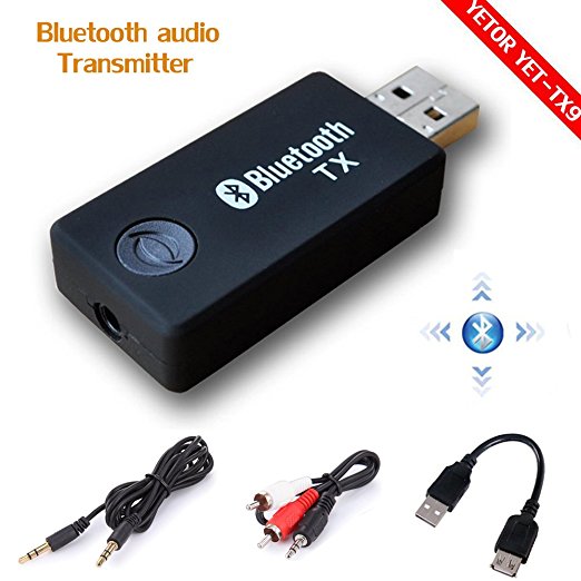 Bluetooth transmitter,YETOR 3.5mm Portable Stereo Audio Wireless Bluetooth Transmitter for TV,bluetooth for pc iPod, MP3/MP4,2 Devices Pair Simultaneously (BLACK)