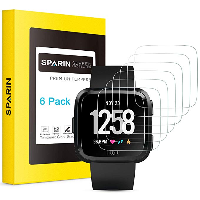 [6 Pack] SPARIN Screen Protector for Fitbit Versa/Versa Lite Edition Smartwatch - Upgraded Tempered Glass/Scratch Resistant/Bubble Free