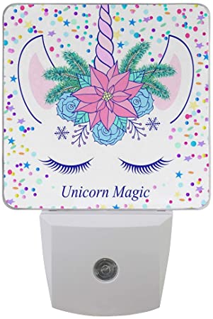 2 Pack Plug-in LED Night Light Lamp Magic Unicorn Cream Pink Floral Printing with Dusk to Dawn Sensor for Bedroom, Bathroom, Hallway, Stairways, 0.5W