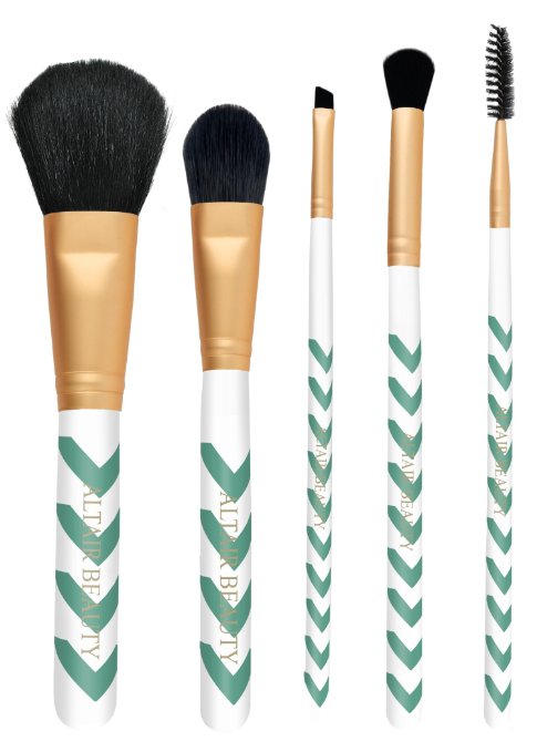 Makeup Brush Set. 5pc Mint Chevron Professional Cosmetic Brushes Set Includes Powder, Foundation, Blending, Brow and Spoolie. Professional Vegan Makeup Kit By Altair Beauty