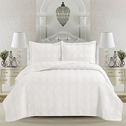 Terra Collection 3-Piece Luxury Quilt Set with Shams. Soft All-Season Microfiber Bedspread & Coverlet in Solid Colors with Embroidered Box Design. By Home Fashion Designs. (Full/Queen, Optic White)