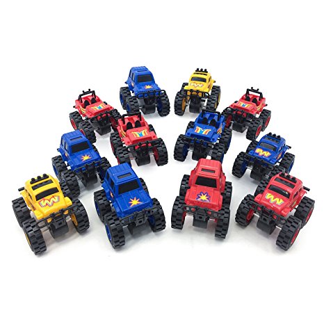 Boley Monster Trucks Toy 12 pack - assorted, large friction powered monster jam trucks that crush cars and make good stocking stuffers! (3 different shapes, 3 different colors. As pictured)