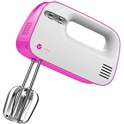 Vremi Electric Hand Mixer 3 Speed with Built-in Storage Case - 150 Watt Power Egg Beater Handheld Kitchen Mixer Stainless Steel Beaters Blades - Electronic Compact Mini Small Lightweight - Pink White