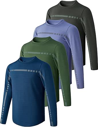 4 Pack: Youth Boys Long Sleeve Shirts Dry Fit Athletic Clothes for Teens, Kids Active Performance Tshirts with Thumb Holes