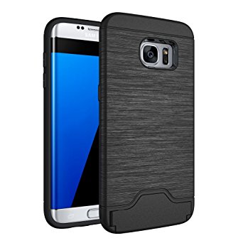 Galaxy S7 Edge Case, Alaxy [Card Slot Holder] Brushed Texture Dual Layer Advanced Shock Absorption Protective with Card Holder and Kickstand Wallet Case Heavy Duty Bumper For Galaxy S7 Edge (Black)