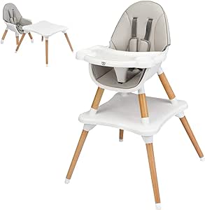 COSTWAY 4 in 1 Convertible High Chair, Multi-Functional Dining Highchair with Adjustable Legs, Detachable 4-Position Tray, 5-Point Seat Belt, Wooden Feeding Chair for Baby, Infants, Toddlers (Gray)