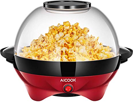 AICOOK Electric Hot Oil Popcorn Popper Machine, Popcorn Maker with Stirring Rod Offers Large Lid for Serving Bowl and Convenient Storage, 6-Quart/24-Cup, Red