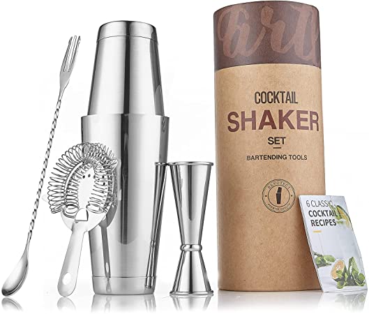 BEVOTECT Cocktail Shaker Kit - 28 oz and 18 oz Weighted Boston Shaker Set with Hawthorne Strainer, Double Japanese Jigger and Bar Spoon, Home Bar Accessories for Professional Drink Mixing