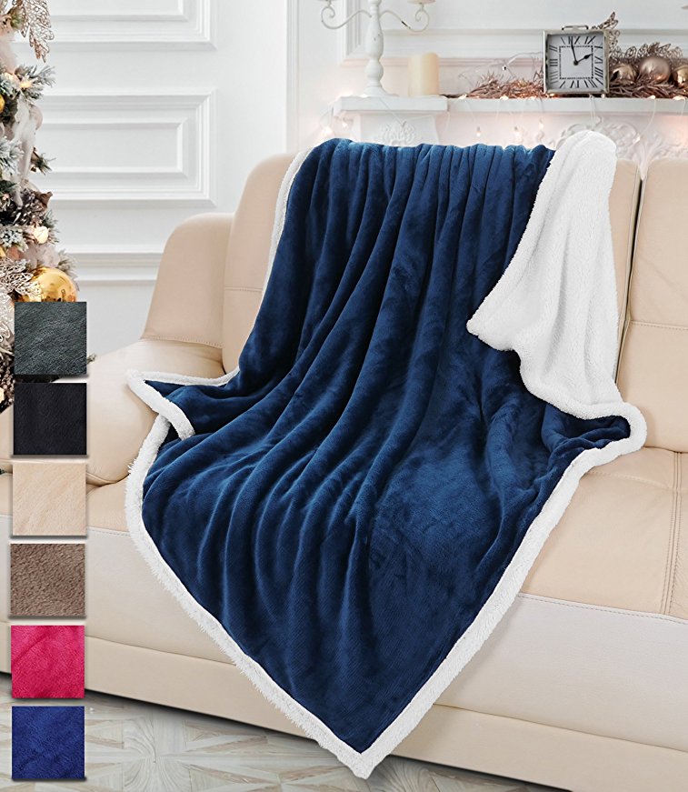 Sherpa Blanket Throw, Super Soft Mink Fleece Throw TV Blanket Reversible 50" x 60" All Season for Couch or Bed | Catalonia series by Terrania | Blue