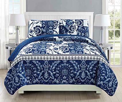 Mk Collection Twin/ Twin Extra long 2pc Bedspread coverlet quilted Floral White Navy Blue Over Size New #186