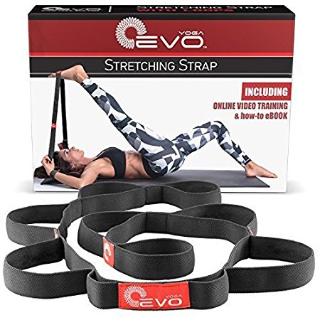 Yoga EVO Stretching Strap with Handling Loops   Tutorials: eBook & 35 Online Stretch Video Exercises. Avoid Injury with our Flexible Strap