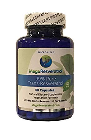 Mega Resveratrol, Pharmaceutical Grade, 99% Pure Micronized Trans-Resveratrol, 60 Vegetarian Capsules, 500 mg per Capsule. Purity Certified. Absolutely no excipients (aka Inactive Ingredients) Added