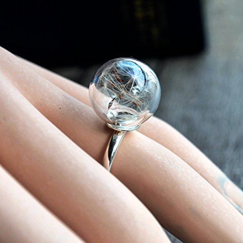 Dandelion Seed Make a Wish Real Flower Glass Ball Open Resizable Copper Rings