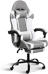 YSSOA Gaming Chair, Computer Chair with Footrest, Height Adjustable & 90°-135° Tilt Function, Swivel Recliner Ergonomic Racing Style Video Game Chair with Lumbar Support (Grey/White)