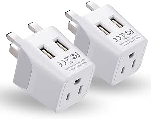 Ceptics UK, Hong Kong, CTU-7-2PK Ireland Travel Adapter Plug with Dual USB - Type G - London - USA Input - Light Weight - Perfect for Cell Phones, Chargers, Cameras and More - 2 Pack
