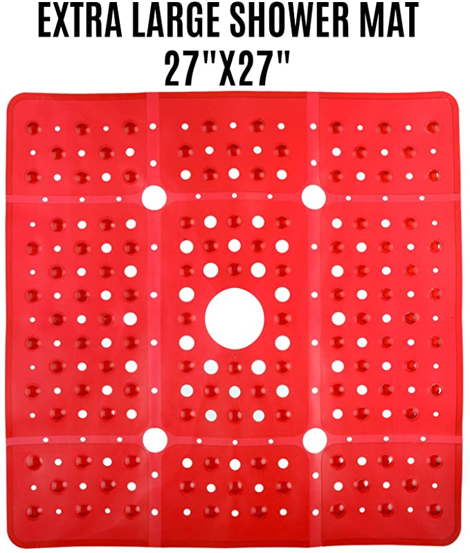 SlipX Solutions Extra Large Square Shower Mat Provides 65% More Coverage & Non-Slip Traction (69 cm Sides, 100 Suction Cups, Great Drainage) (Red)