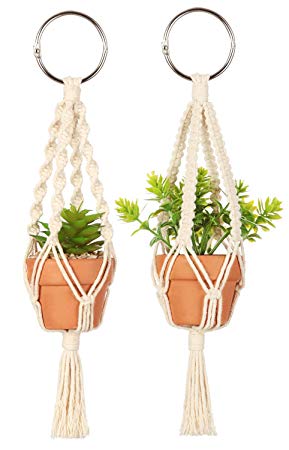 Mkono Mini Macrame Plant Car Hanging 2 Pcs Handmade Rear View Mirrior Charm Car Decorations Boho Hanging Planter with Pot and Plant for Car Home Decor Wedding Gift,10.5-Inch