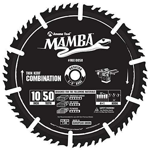 Amana Tool MA10050 Carbide Tipped Thin Kerf Combination Mamba Contractor Series 10 Inch D x 50T, 4 1, 15 Deg, 5/8 Bore Circular Saw Blade