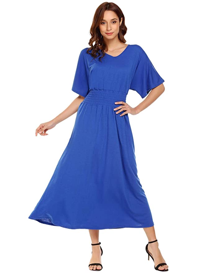Zeagoo Women's Summer Boho Cap Sleeve Smocked Waist Tiered Renaissance Maxi Dress