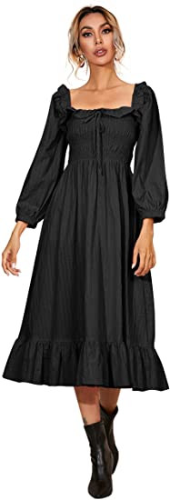 R.Vivimos Women's Linen Fall Long Sleeves Stripes Ruffled Boho Casual A-Line Flowy Midi Dresses