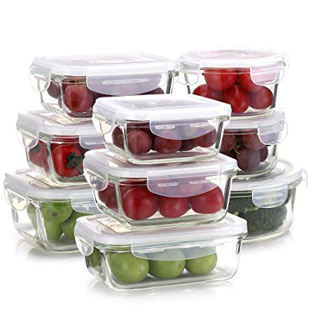 Lulu Home Glass Food Storage Containers, 18 Pieces (9 Containers   9 Lids) BPA Free Assorted Microwave Safe Container Set