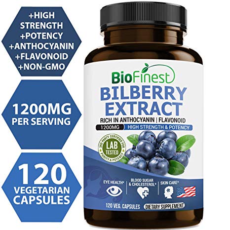 Biofinest Bilberry Extract - 1200mg with 4:1 Bilberry Fruit Extract - Pure Gluten-Free Non-GMO - Made in USA - Supplement for Eyes Health, Blood Circulation,Night Vision (120 Vegetarian Capsules)