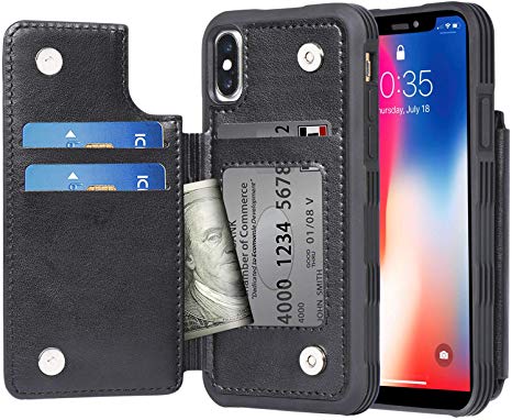Arae Case for iPhone X/iPhone Xs - Wallet Case with PU Leather Card Pockets [Shockproof] Back Flip Cover for iPhone X/Xs 5.8 inch (Black)