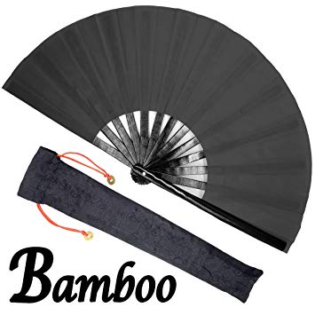OMyTea Bamboo Large Rave Folding Hand Fan for Men/Women - Chinese Japanese Kung Fu Tai Chi Handheld Fan with Fabric Case - for Performance, Decorations, Dancing, Festival, Gift (Black)