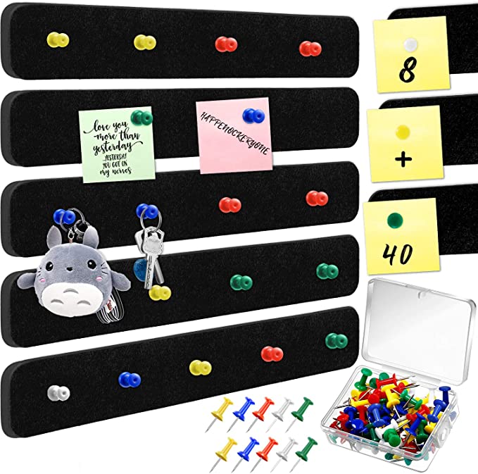 8 Pieces Felt Bulletin Board Bar Strip Self-Adhesive Pin Board Bar Frameless Wall Memo Strip with 40 Pieces Pushpins for Office Classroom Home, 13 x 2 x 0.5 Inch (Black)