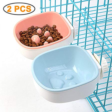 Lovinouse 2 PCS Crate Cat Bowl, Removable Pet Hanging Cage Slow Feeder Set with Bolt Holder, Pets Water Food Dish for Dogs, Cats, Rabbits