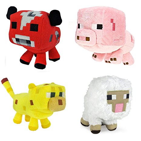 Mojiang Minecraft Animal Plush Set of 4: Baby Pig, Baby Mooshroom, Baby Ocelot, Baby Sheep 6-8 Inches 6-8 inches, 4Pcs Set