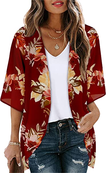 Women's Floral Print Puff Sleeve Kimono Cardigan Loose Cover Up Casual Blouse Tops