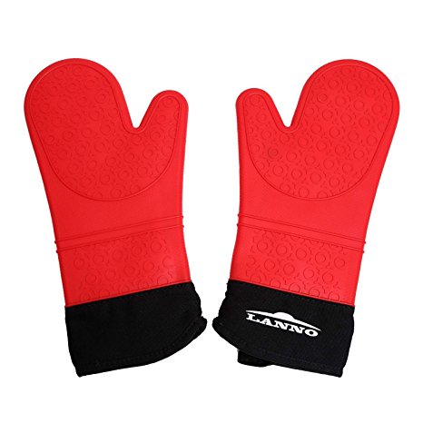 Silicone Oven Mitts, Large Grilling Cooking Gloves, Pot holders with Extra Long Quilted Cotton Lining, Up to 450 F Heat Resistant - 1 Pair (Red) -LANNO