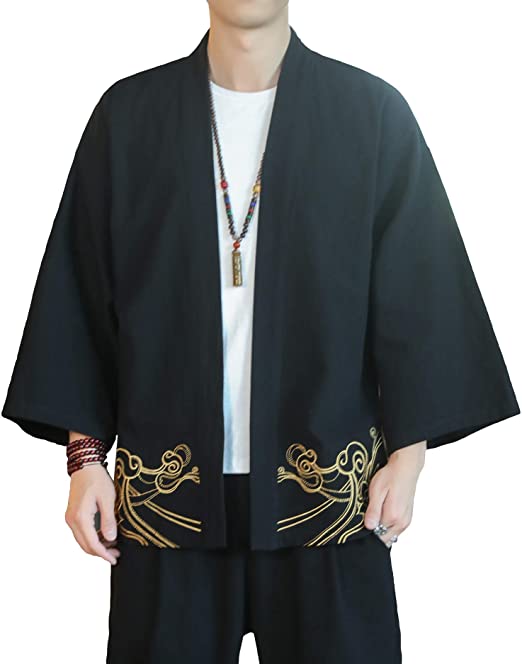 PRIJOUHE Men's Kimono Jackets Cardigan Casual Cotton Blends Linen Seven Sleeve Open Front Embroidery Coat