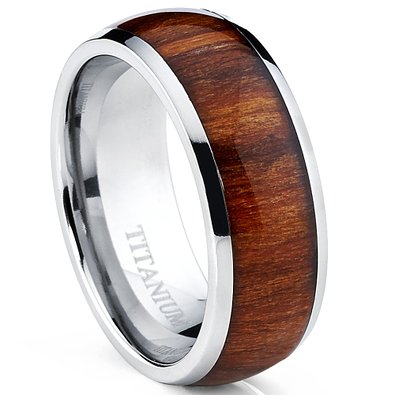 Titanium Ring Wedding Band, Engagement Ring with Real Wood Inlay, 8mm Comfort Fit Sizes 6 to 13