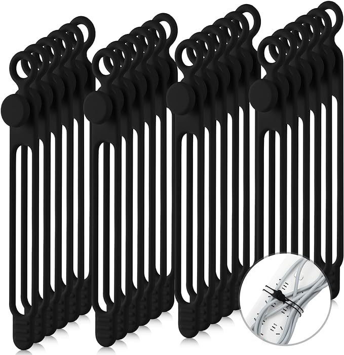 40 Pcs Silicone Cable Ties Reusable Holder Strap Cord Ties Adjustable Cable Straps Multipurpose Charging Cable Organizer for Fastening Cable Charging Cords Wires (Black,7.1 Inch)