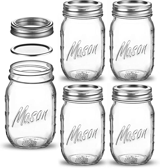 Regular Mouth Glass Mason Jars, 16 Ounce (5 Pack) Glass Canning Jars with Silver Metal Airtight Lids and Bands with Measurement Marks, for Canning, Preserving, Meal Prep, Overnight Oats, Jam, Jelly,