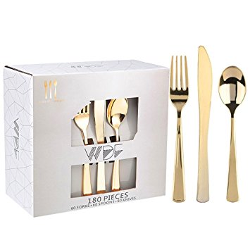 180 Pieces Disposable Plastic Gold Silverware Cutlery, Shiny Metallic Flatware 60 Forks, 60 Knives and 60 Spoons -WDF (Gold)