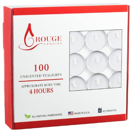 Rouge Tealight Candles NO Paraffin Set of 100 Count Pack - White Unscented All Natural Paraffin Free Tea Lights Candles Non Toxic Tea-lights Burn Time 4  Hours - High Quality Tea Candles Made in USA T