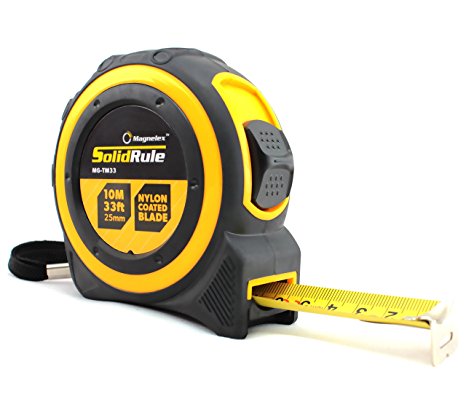 Professional Quality Tape Measure Magnelex SolidRule For Construction, Home Use, Hobbies, DIY, Smooth Sliding Nylon Coated Measuring Tape Ruler, Strong Belt Clip, Rubber Covered Case - 33-Foot (10m)